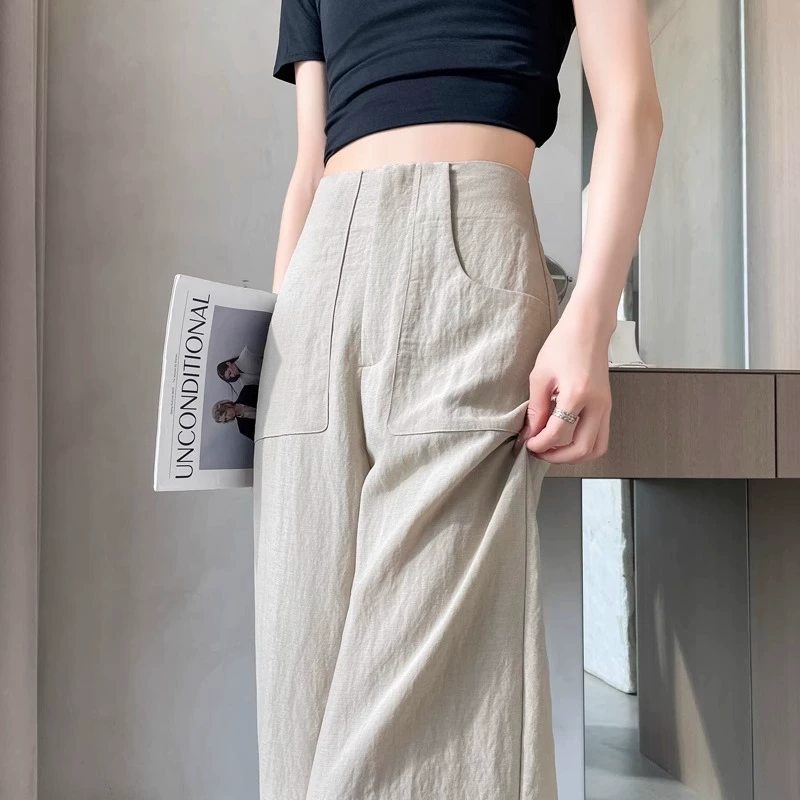 Высокие талии свободные хлопчатобумажные широкие брюки женские 2025 новые летние тонкие маленькие льняные повседневные дикие прямые брюки