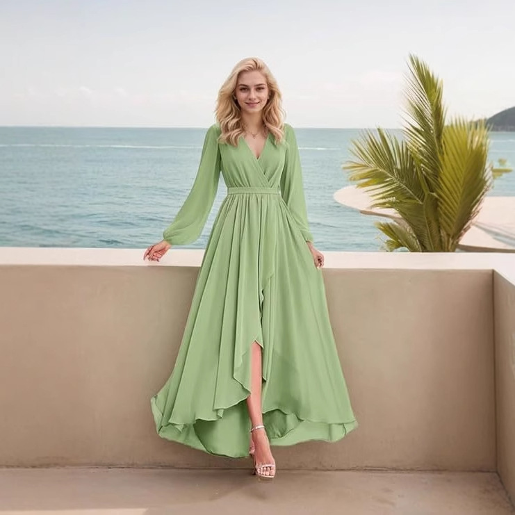 Foreign Trade Long-sleeved Bridesmaid Dress Wedding Guest Dress V-neck Chiffon A- line Formal Slim Evening Dress