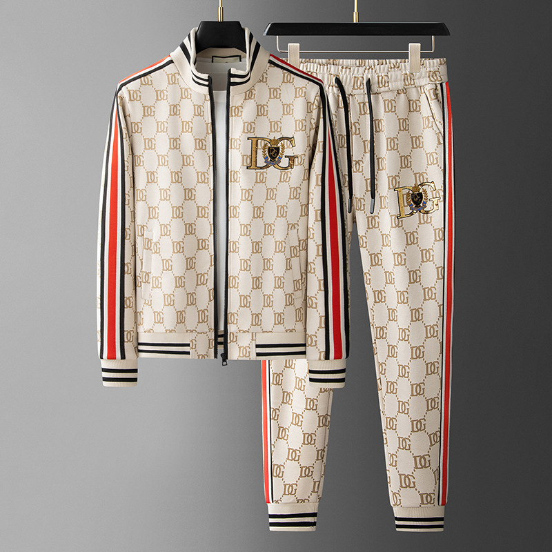 Estación europea de los hombres de otoño e invierno Nuevo traje de jacquard suéter de los hombres marca de moda llena de flores pantalones largos casuales traje de dos piezas de los hombres