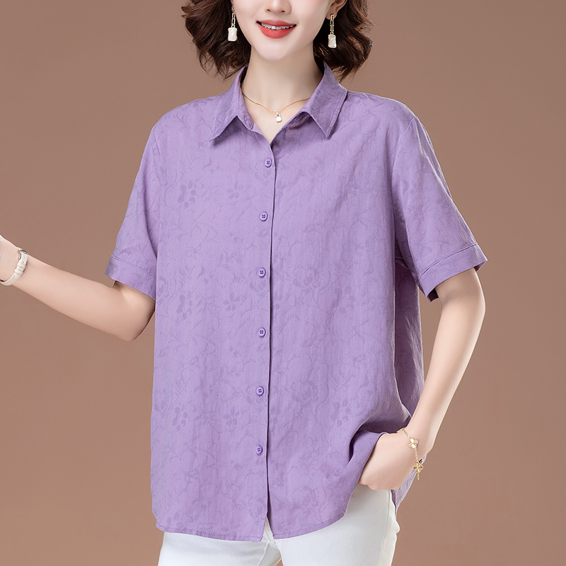 Mom's Cotton Women's Shirt Short-sleeved Summer New Middle-aged and Elderly Women's plus size Top Mid-length Cotton and Linen Shirt