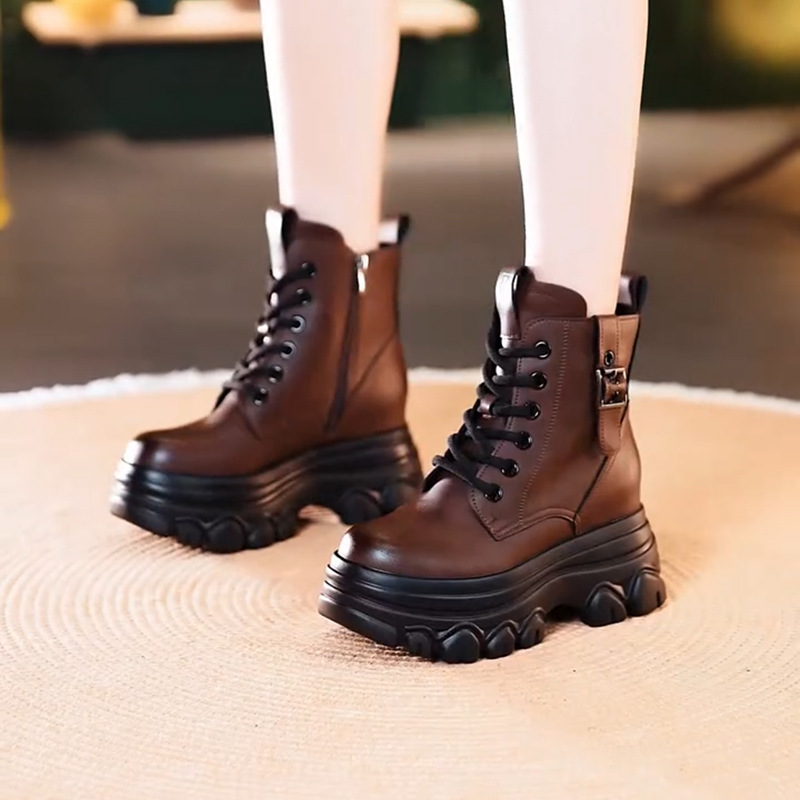本革8センチのショートブーツの女性の厚い底の秋冬の新型のベルベットのブーツの英倫風の小さい背の内のマーティンの靴|undefined