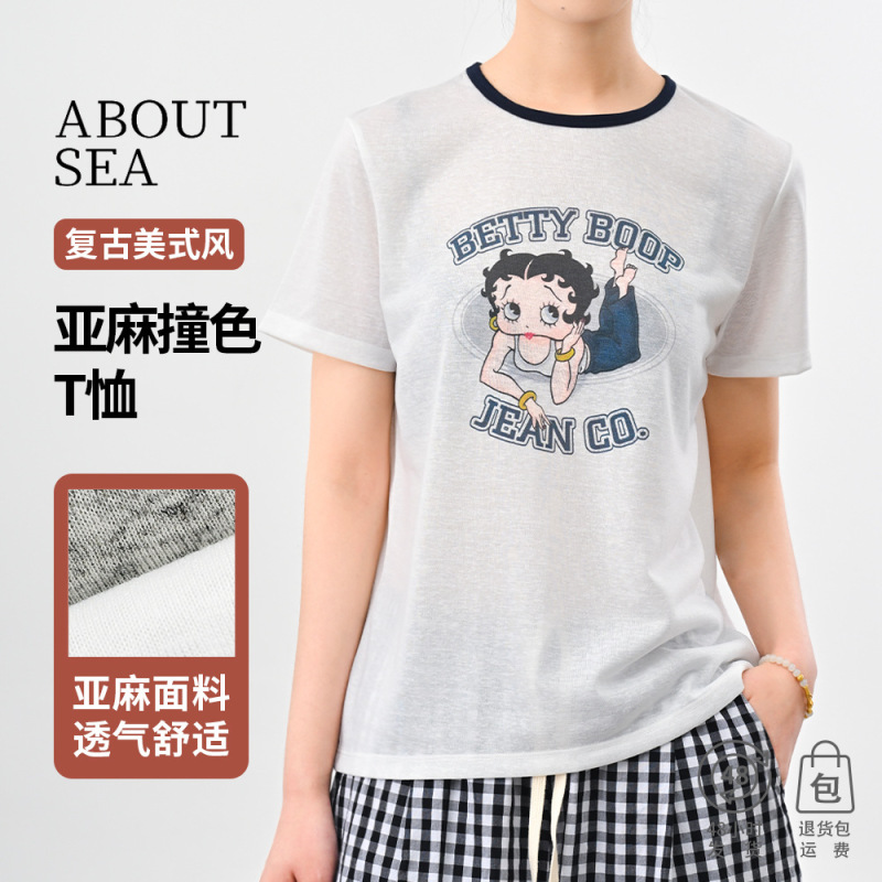 Aboutsea Korean-Style Dongdaemun Trendy Betty Print T-Shirt with Color-Blocking Round Neck Summer Linen Short-Sleeve for Women