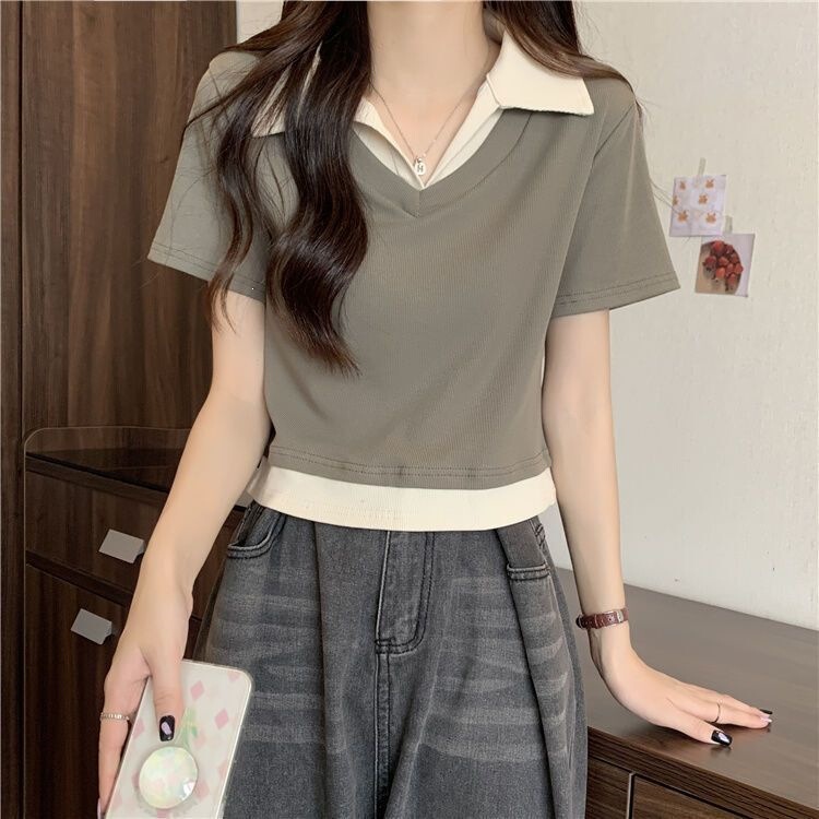 Korean Style Polo Collar Slim-Fit Short-Sleeve T-Shirt for Women, Summer Design, Niche Short Bm Top Paired with Jeans