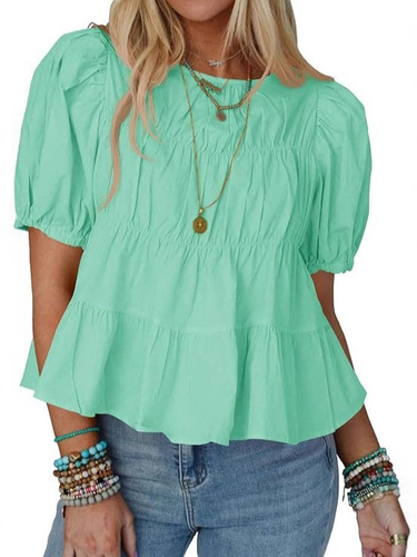 2026 cross-border new summer bubble sleeve doll shirt short-sleeved loose casual A-line pleated foreign-style top