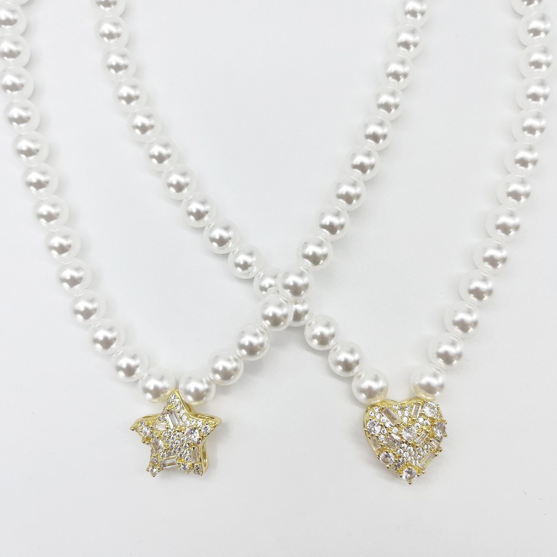 Star, Heart Shape Pattern Imitation Pearl Copper Elegant Star Heart Shape Pendant Necklace