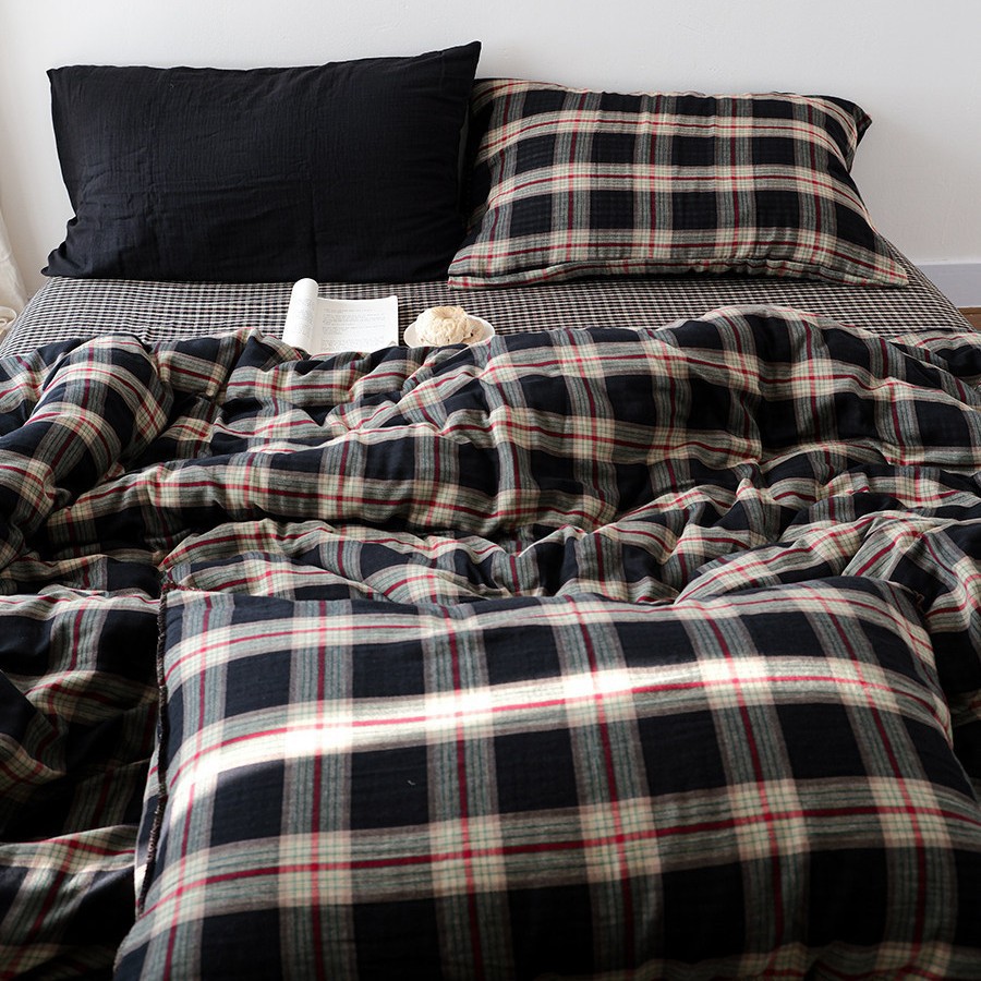 Vintage British Plaid Cotton Double-layer Gauze Four-piece Set_voghion.com