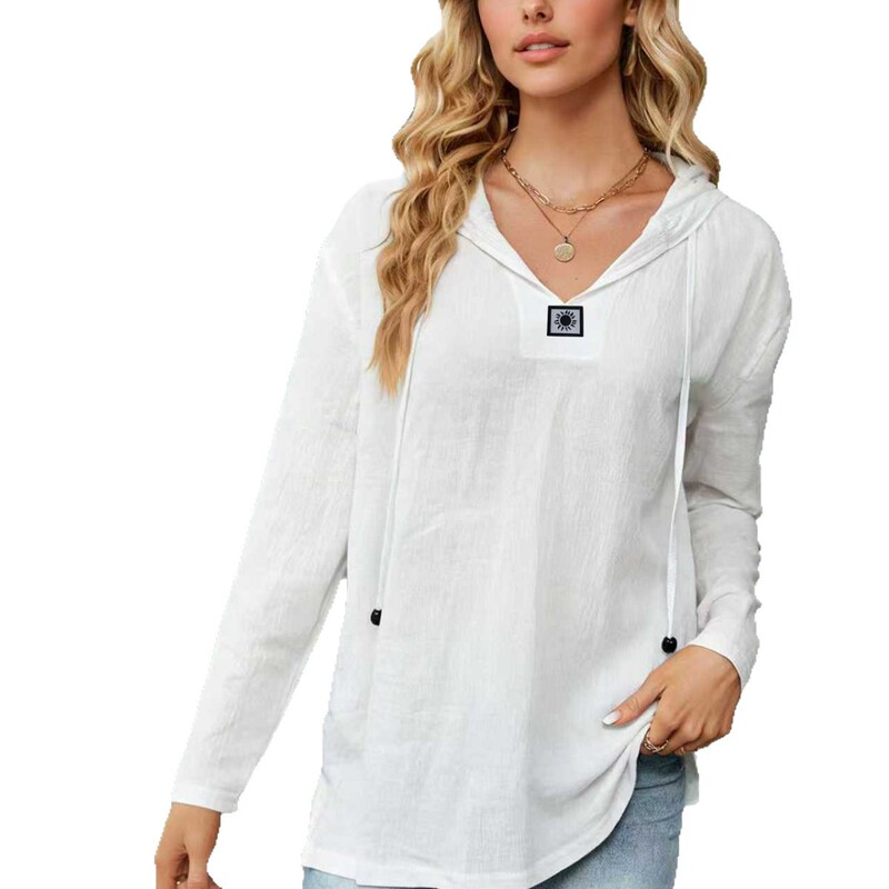 2025 Cross-Border European and American Spring and Summer New Style Hooded Sports Long-Sleeved V-Neck Hooded Shirt for Women
