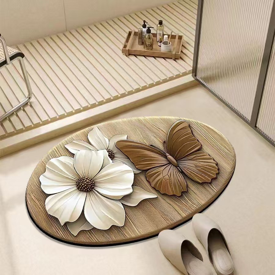 3D Visual Diatom Mud Floor Mat Butterfly Flower Home Bathroom Floor Mat Bathroom Absorbent Foot Mat Entrance Door Mat