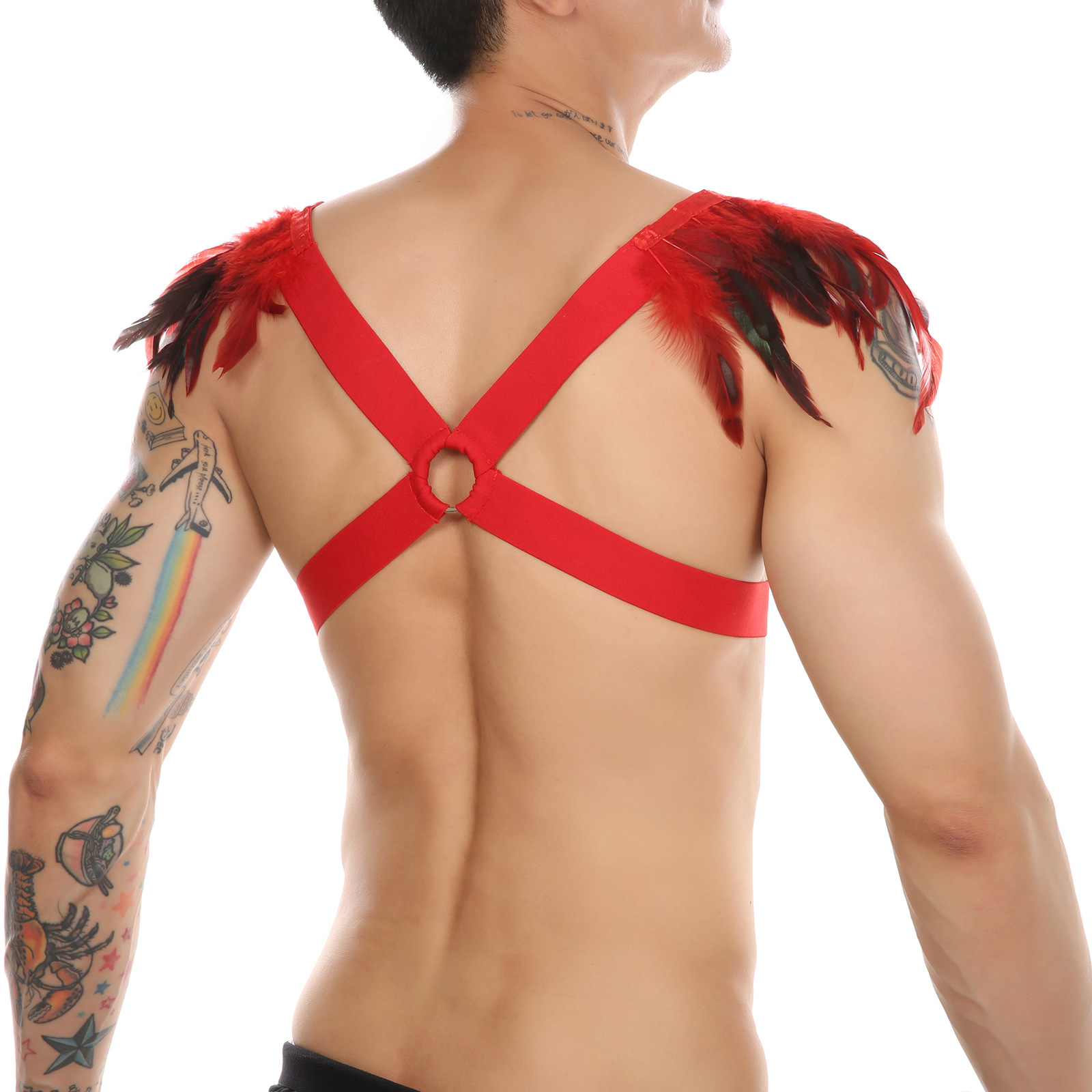 Men's Feather-decorated Sexy Corset With Metal Ring Restraints Hollow Vest European And American Party Carnival Clothing