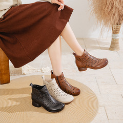2025 Summer Embossed Leather Mid-Top Ankle Boots Retro Rough Heel Hole Shoes Cowhide Soft Sole Mother's Sandals Women