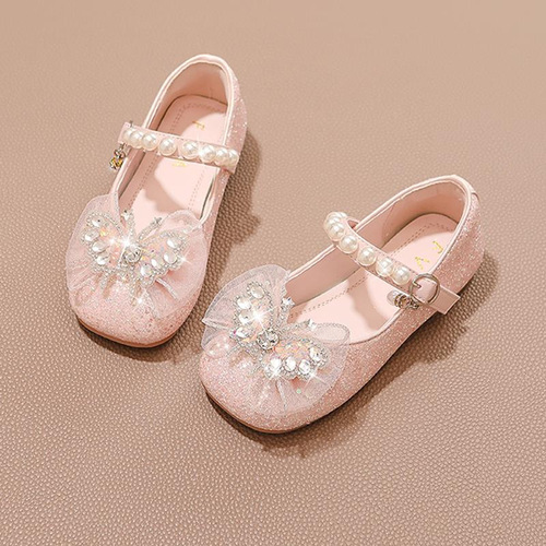 Children's princess shoes, new for spring and autumn, small leather shoes for babies with shiny water pearls, princess style
