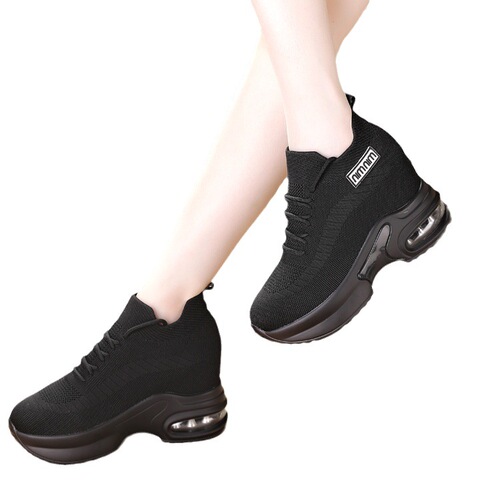 Black sports shoes for women, cross-border autumn, fat feet, wide feet, soft sole, soft surface, comfortable inner height increasing shoes