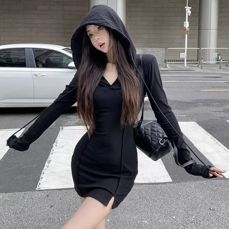 Purely alluring style tight-fitting hooded bodycon dress for women, unique and chic for petite figures, waist-cinching sweet dress for autumn Purely alluring style tight-fitting hooded bodycon dress for women, unique and chic for petite figures, waist-cinching sweet dress for autumn