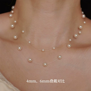S925银施家澳白珍珠满天星鱼线透明锁骨链法式温柔网红小众气质项