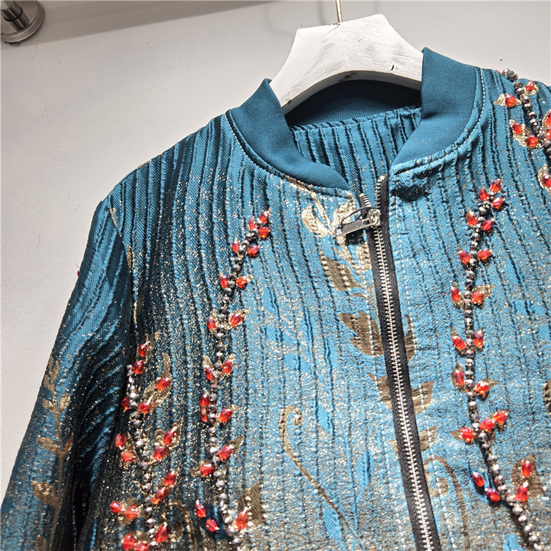 Chaqueta Corta Jacquard Retro para Mujer con Cuentas y Cierre de Cremallera
