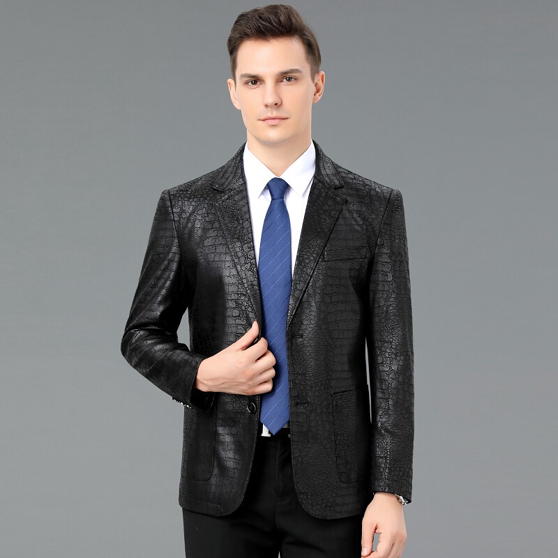 2025 Leather Jacket Men's Crocodile Pattern Sheepskin Business Suit Jacket Fashion Leather Jacket Men's Middle-Aged Jacket Wholesale