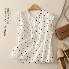 2025复古色织波点棉麻衬衫女气质木耳领衬衣夏季短袖上衣
