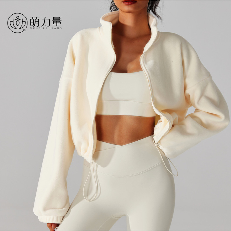 European and American Autumn and Winter Lamb Velvet Sports Jacket with Vertical Collar Thickened Warm Drawstring Short Austrian Grain Velvet Loose Windproof Top