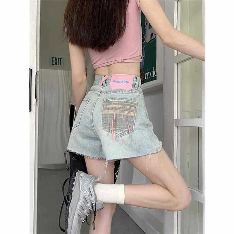 Contrast Color Light Blue Denim Shorts Women's Summer 2023 New High Waist Loose Slimming A- line Large Size Wide Leg Hot Pants ins Trendy