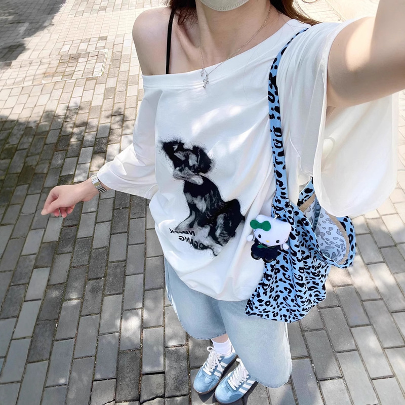 アメリカンホットガール子犬プリントオフショルダー半袖Tシャツレディース夏ルーズカジュアルレイジーオフショルダーオールマッチトップ|undefined