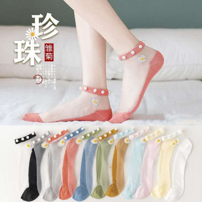 Pearl Daisy socks women's trendy internet celebrity summer transparent crystal socks thin Japanese style khaki short socks wholesale