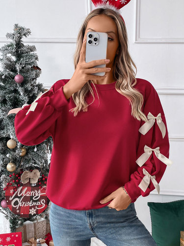Amazon's autumn and winter bestsellers, European and American trendy butterfly knot red Christmas crew neck women's hoodie