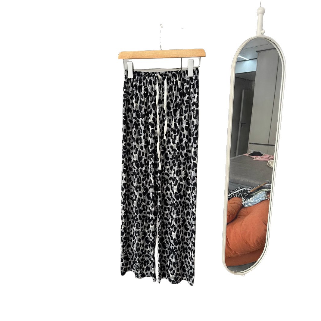 2025 pantalones anchos con estampado de leopardo de verano, cintura elástica, pantalones de pierna recta perezosos, estilo fino microelástico casual al por mayor image 5