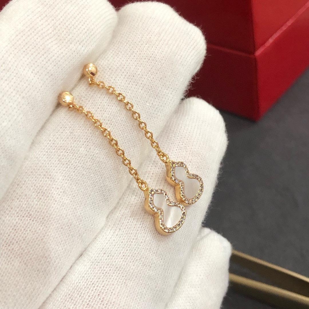 V金葫蘆耳釘女白貝母紅瑪瑙孔雀石耳環18k玫瑰金葫蘆鑲鑽氣質耳飾