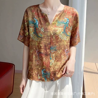 新中式国风印花半开襟V领短袖女丝滑垂感新中式缎面T恤衫半袖夏