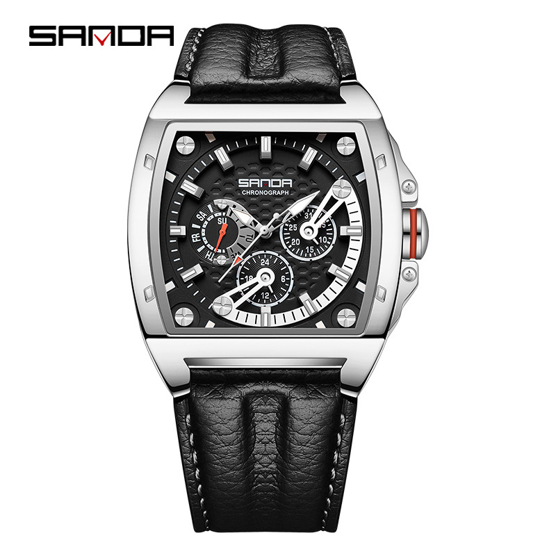 SANDA hombres barril reloj de cuarzo multifunción calendario semana 24 horas Correa reloj