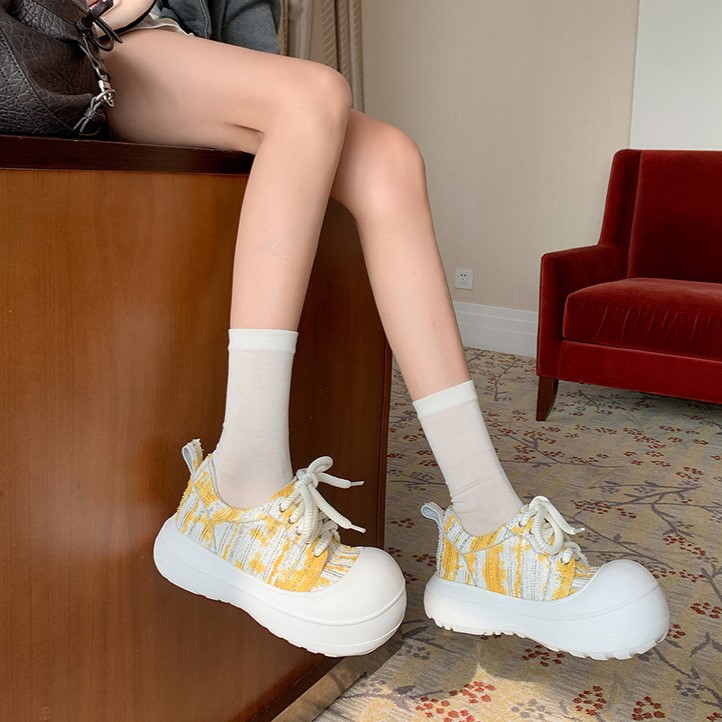 Giày loafer nữ đế xuồng platform 5cm, mũi tròn buộc dây, da thật — xanh lam, màu vàng