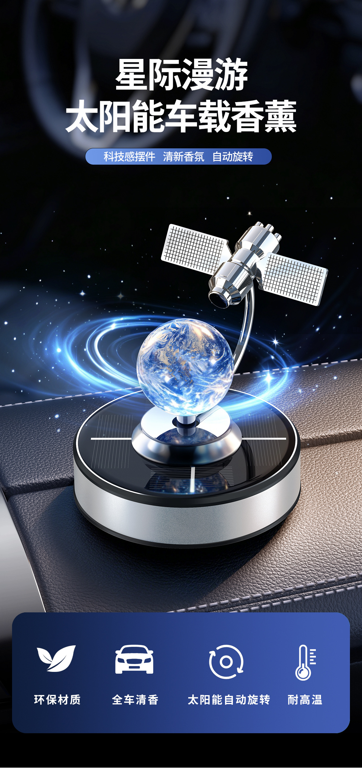 Solar-powered car perfume ornament, car fragrance dashboard decoration, rotating satellite earth globe interior car ornament