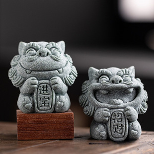 Pair of Small Chinese-Style Stone Lions Desktop Mascots Tea Pet Ornaments Creative Potted Plant Fish Tank Decoration