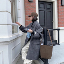 6182韩系娃娃领小个子茧型休闲毛呢外套女长款弯弯袖双面呢大衣女