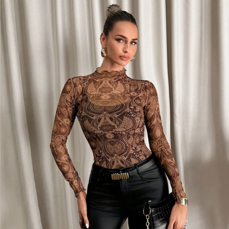 European and American Cross-Border Amazon Women's Sexy Leopard Print Mesh Ruffle Tight-Fitting T-Shirt Top Women's Mesh Clothing