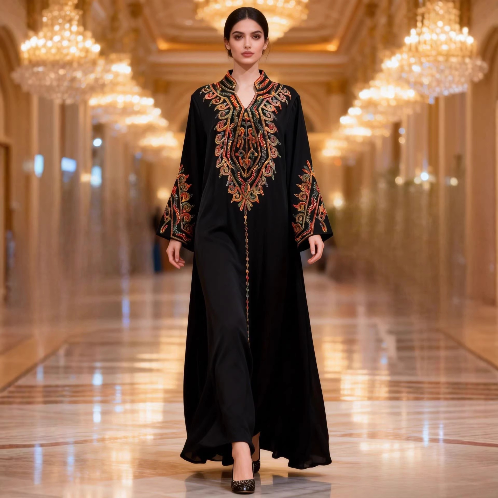 New In Stock Muslim Embroidered Robe, Middle Eastern Clothing, Abaya, Loose-fitting Women's Long Dress From Dubai,_ecoleips.com