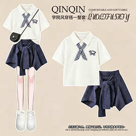 女童夏装学院风T恤裙子两件套2026新款中大童韩范休闲洋气套装潮