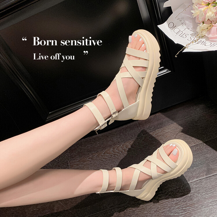 Sandal đế dày nữ da bò quai chéo hở ngón cao cổ mùa hè — Màu đen, Màu trắng be chi tiết 17