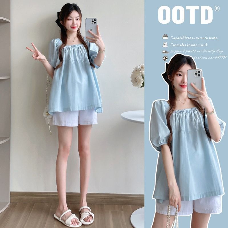 Maternity wear 2026 summer outfit: puff sleeve top, square neck shirt, short-sleeve T-shirt + simple white shorts two-piece set