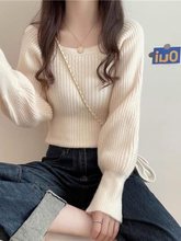 方领毛衣女打底衫春夏内搭洋气外穿坑条针织衫灯笼袖短款高腰上衣