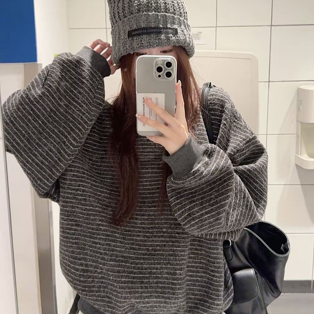 复古条纹圆领无帽长袖卫衣女2025秋冬新款韩系宽松学生上衣ins潮