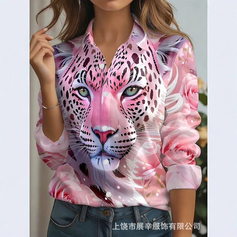 Unique leopard rose print collared long-sleeve shirt, trendy button-up cardigan, loose casual fashion outerwear shirt Unique leopard rose print collared long-sleeve shirt, trendy button-up cardigan, loose casual fashion outerwear shirt