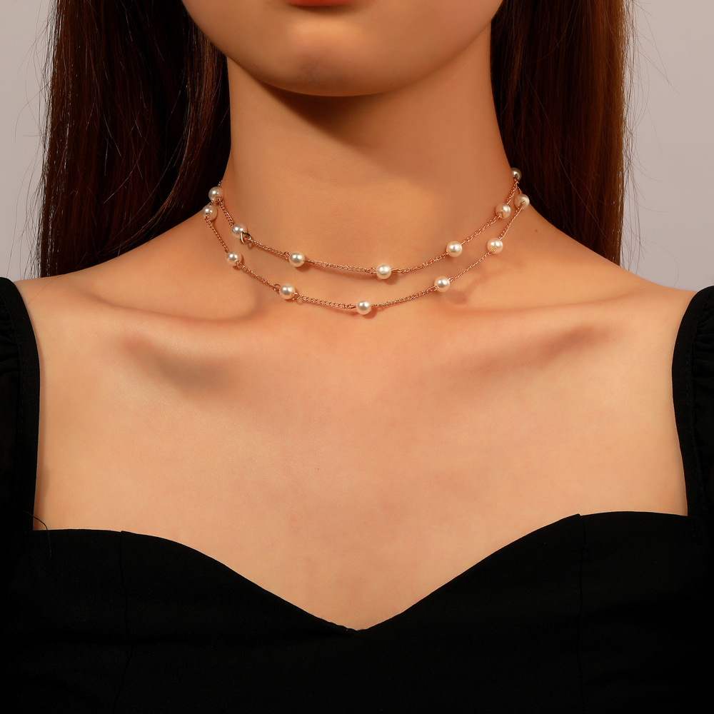 Korean Simple Pearl Necklace Fashionable Temperament Metal Copper Double Layer Clavicle Chain Neck Chain Foreign Trade New Product Necklace Women display picture 2