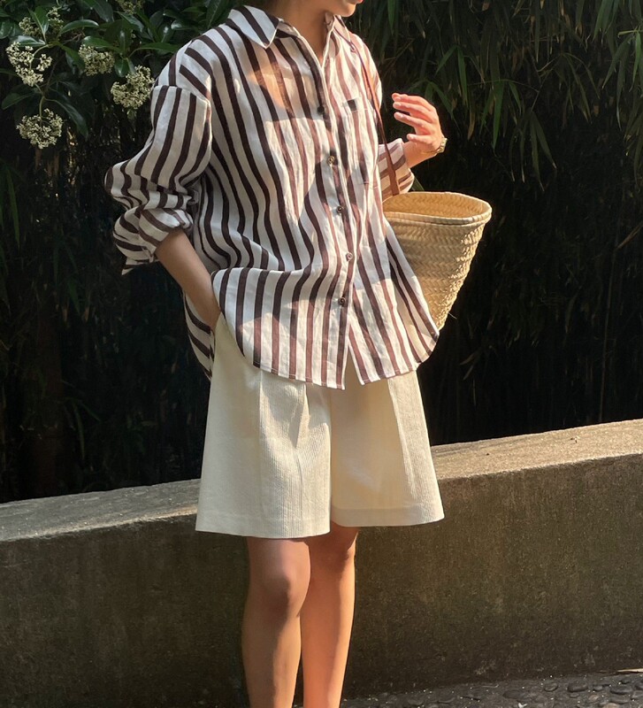 French linen striped shirt dyed chocolate natural texture summer cool casual design shirt