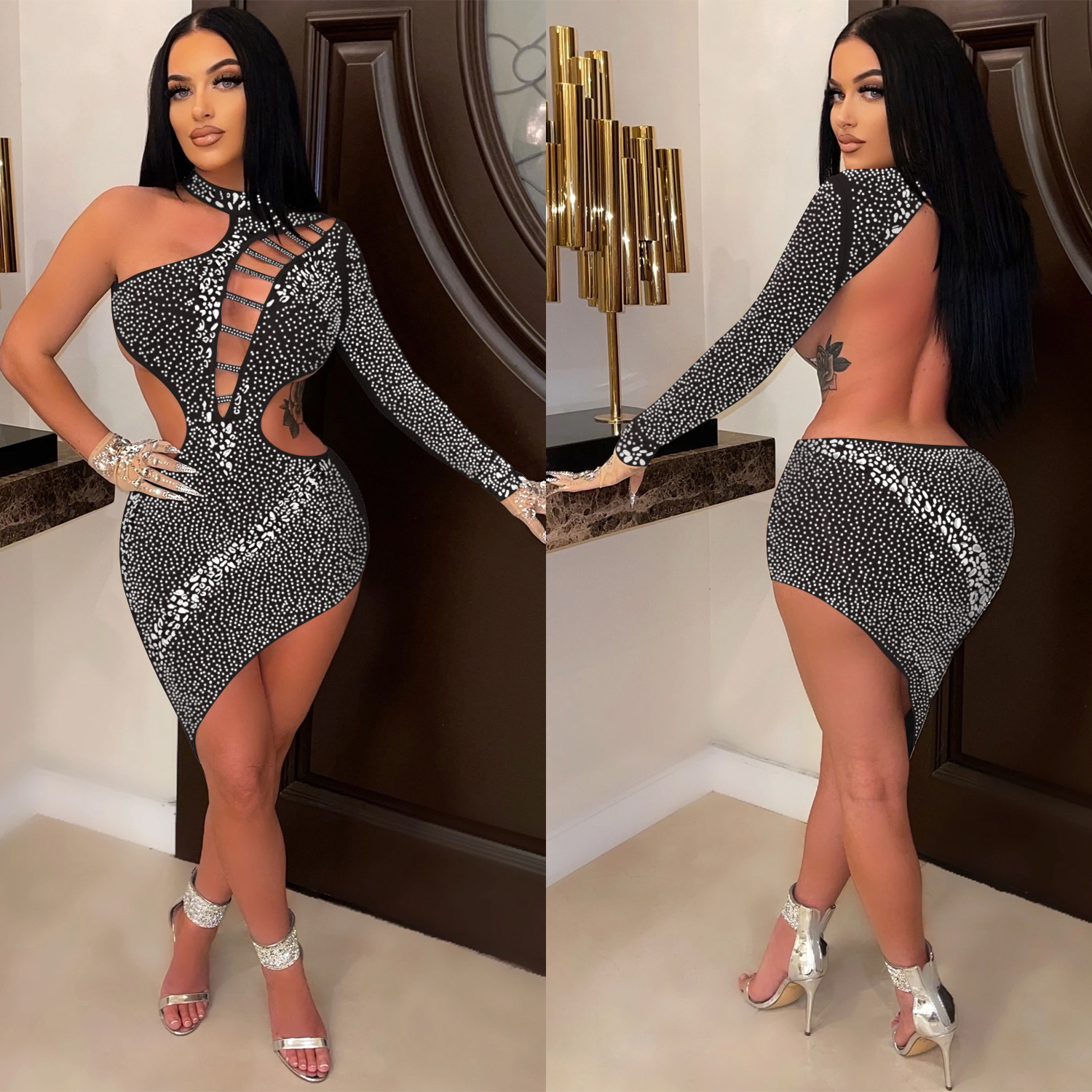 C562 AliExpress moda europea y americana sexy nightclub rhinestone caliente un hombro slant collar hueco backless vestido irregular image 3