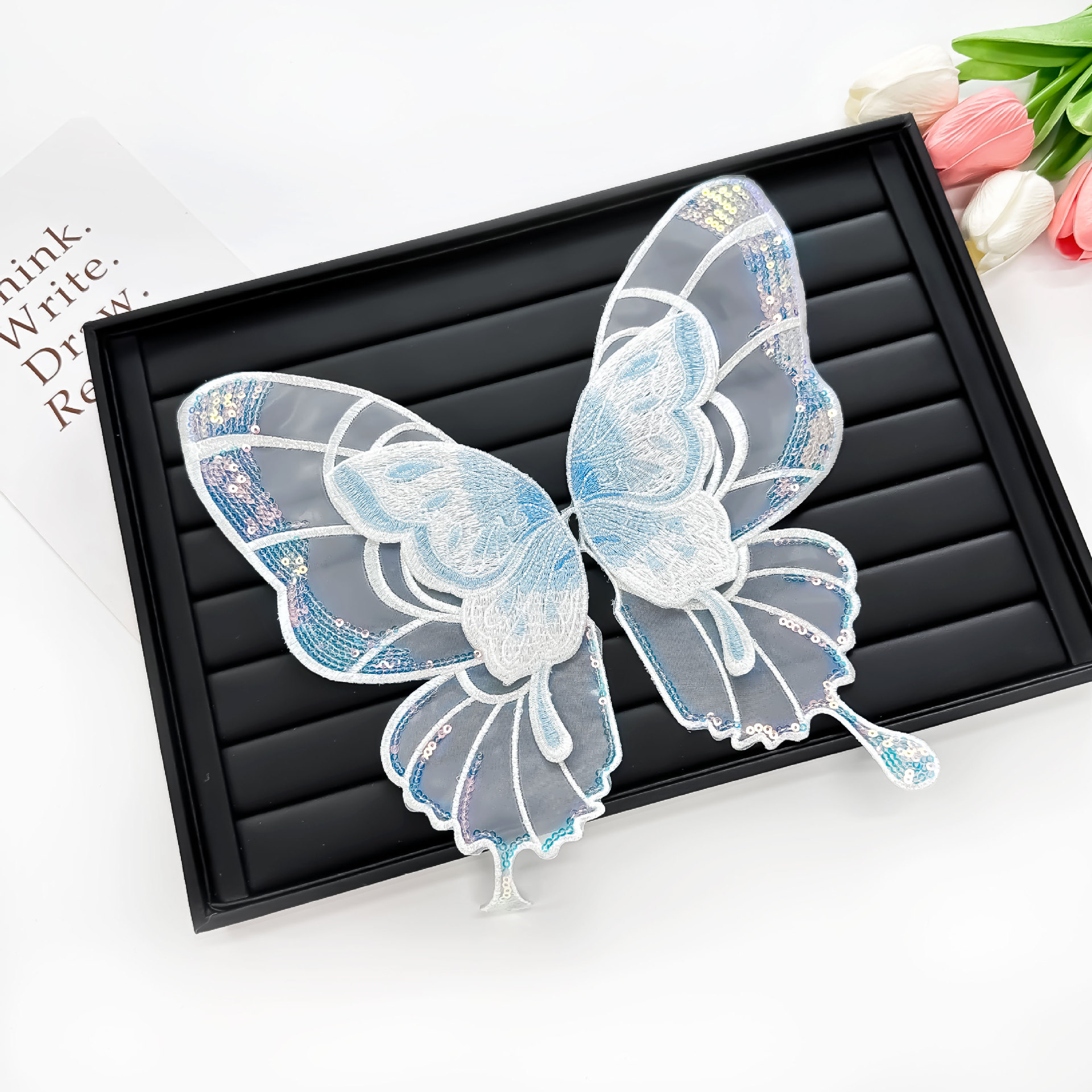 Azul sequilla doble encaje bordado mariposa pectoral pegatinas DIY niños adultos espectáculo accesorios de ropa image 3