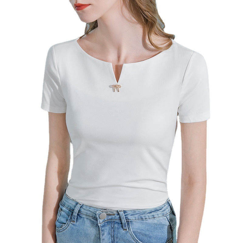 Camiseta de manga corta de las mujeres de verano 2023 nueva ropa de mujer pequeña V split fuera del hombro de algodón camiseta temperamento cintura-apretado image 6