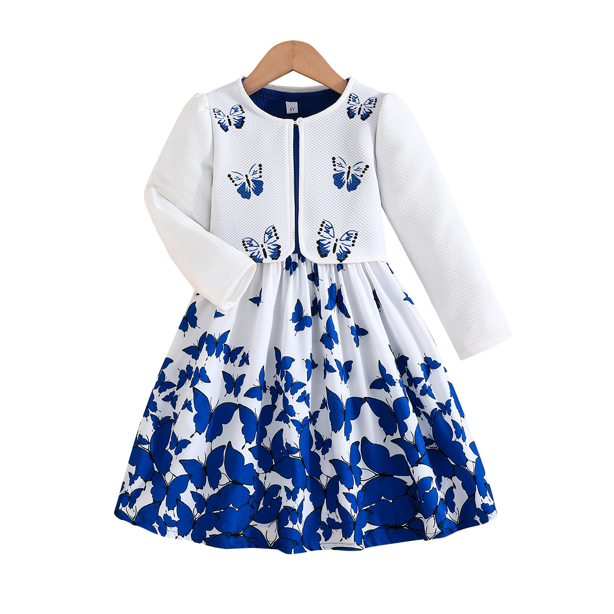 2024 INS autumn blue butterfly full print girls' coat dress two-piece set at home and abroad_voghion.com
