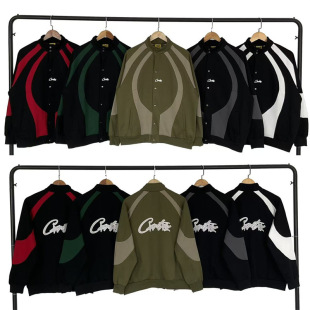Corteiz Alcatraz Printed Stitching Contrasting Color Stand Collar Sweatshirt Autumn and Winter Loose Casual Men's and Women's Velvet Jacket Trendy