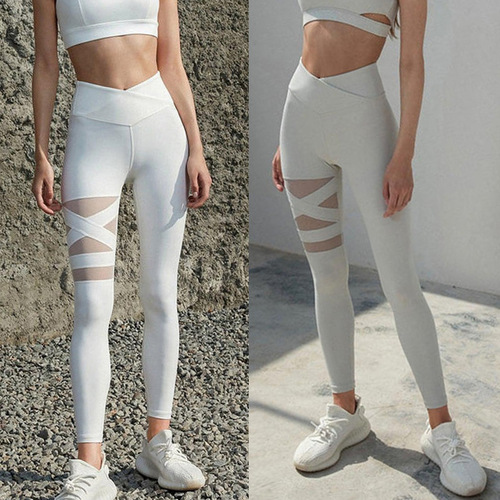 White Nude Breathable Yoga Pants with Mesh Sports Pants Loose Tight Long Pants for Women High-Waisted Hip Lift Fitness Pants with High Elasticity